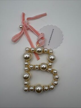 Anthropologie Pearl 'B' Initial Ornament with Pink Velvet Ribbon
